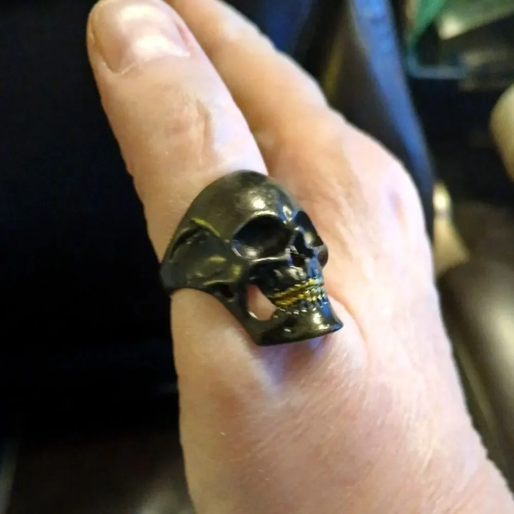 Men's Black Skull Gold Teeth Ring Size 10